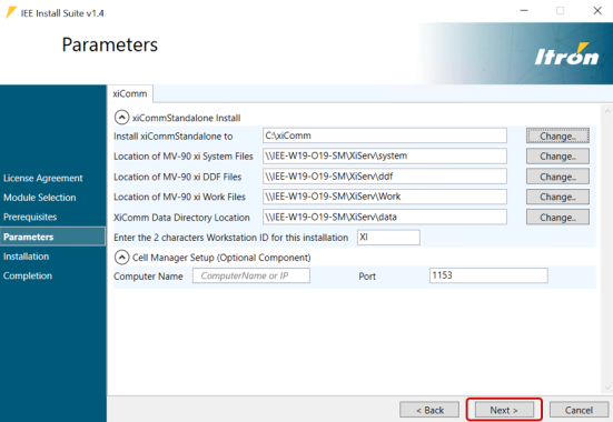 Location of the next button on the parameters dialog.